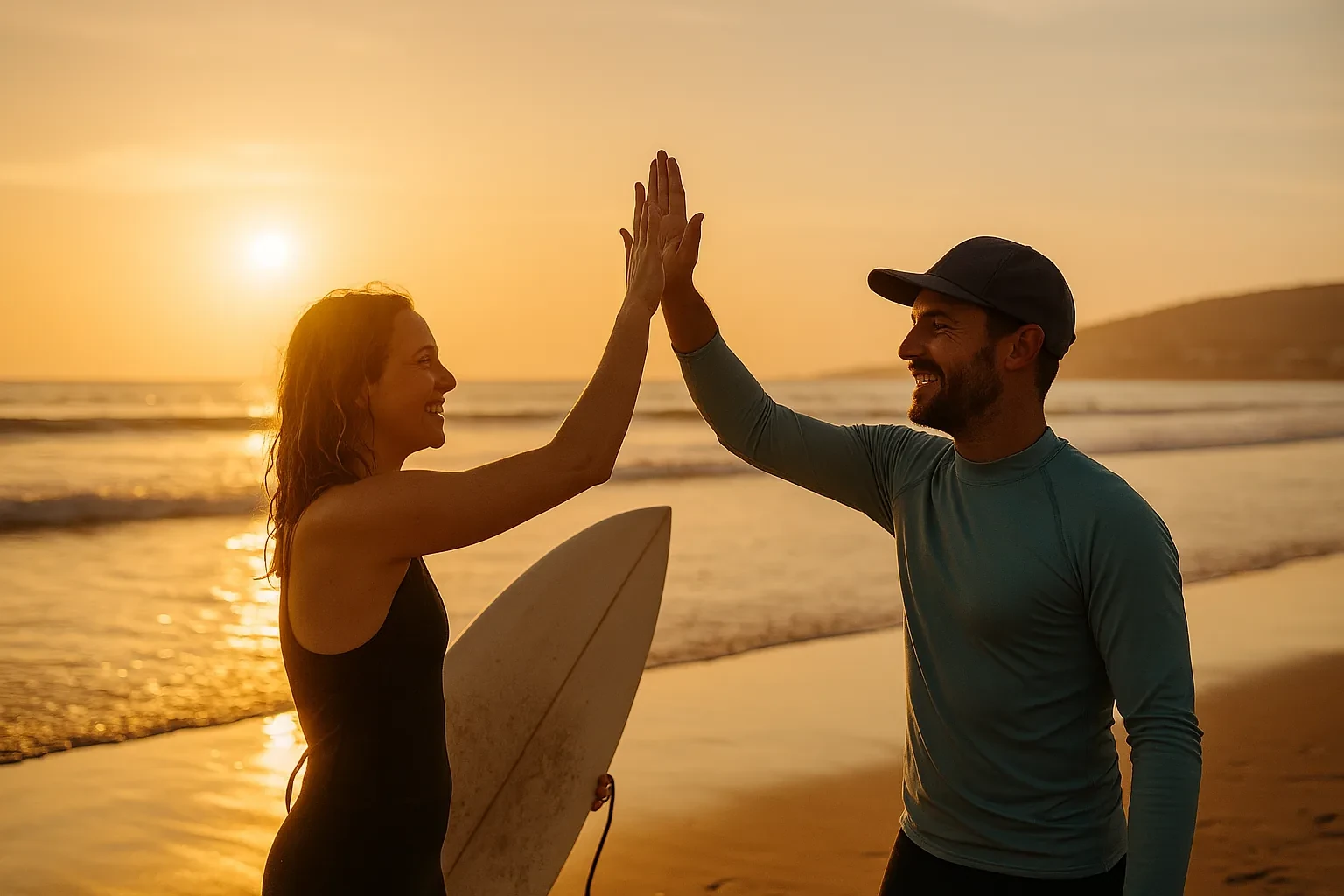 Surf coach helping a guest with technique on the beach